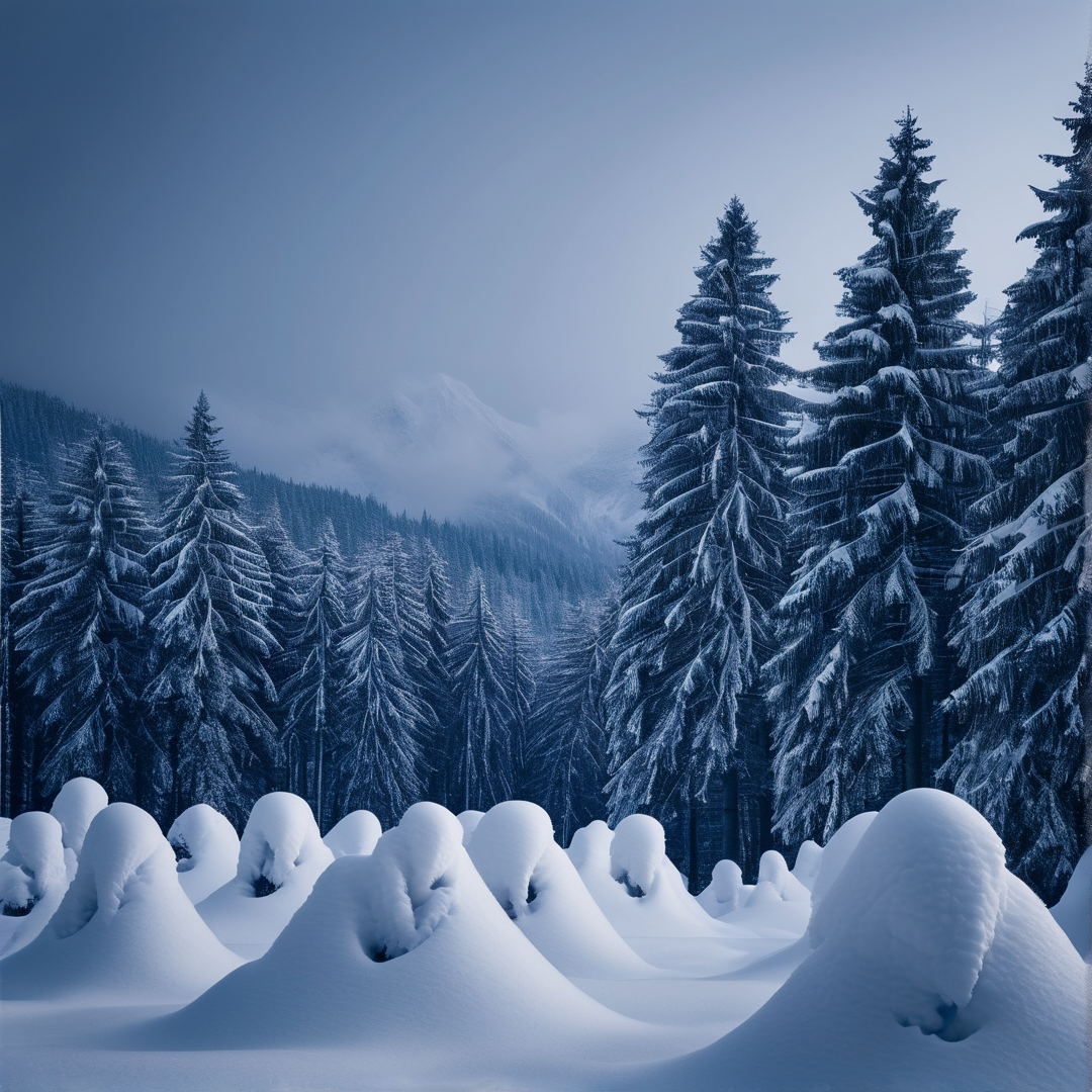 Tall coniferous trees laden with heavy snow stand in a valley while rounded snow mounds fill the foreground and a foggy peak emerges in the background under cool blue lighting.