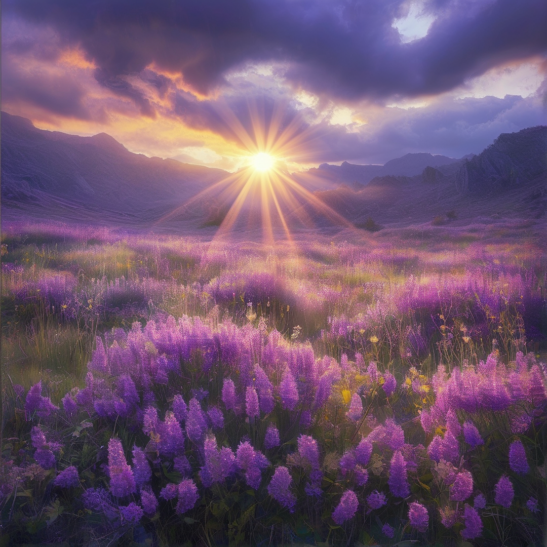 Sunburst over Purple Flowers