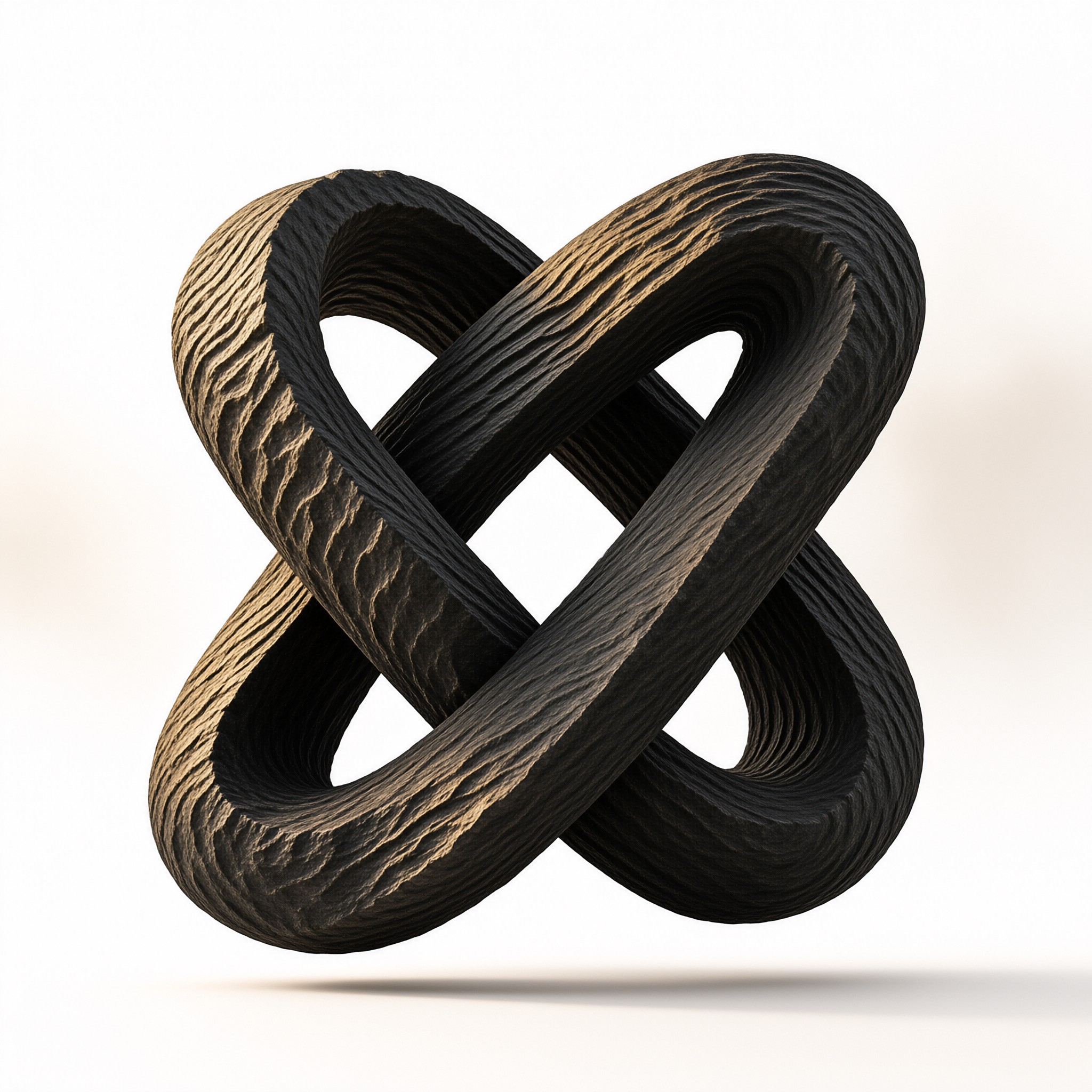 A carved wooden figure eight knot hovers above a pale surface, its grain catching soft light