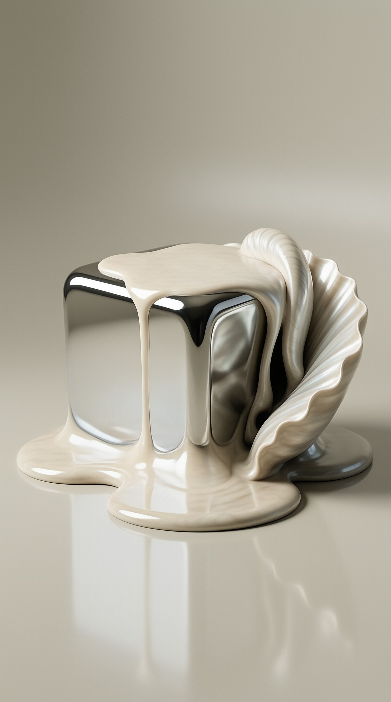 A reflective metallic cube sits on a beige surface while a thick cream liquid drips down its sides.