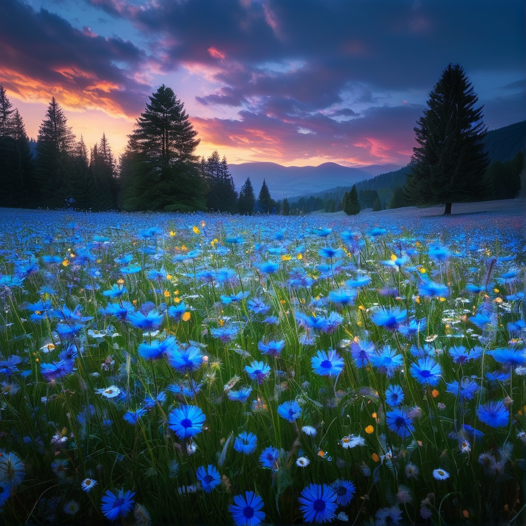 Blue Flower Field at Sunset