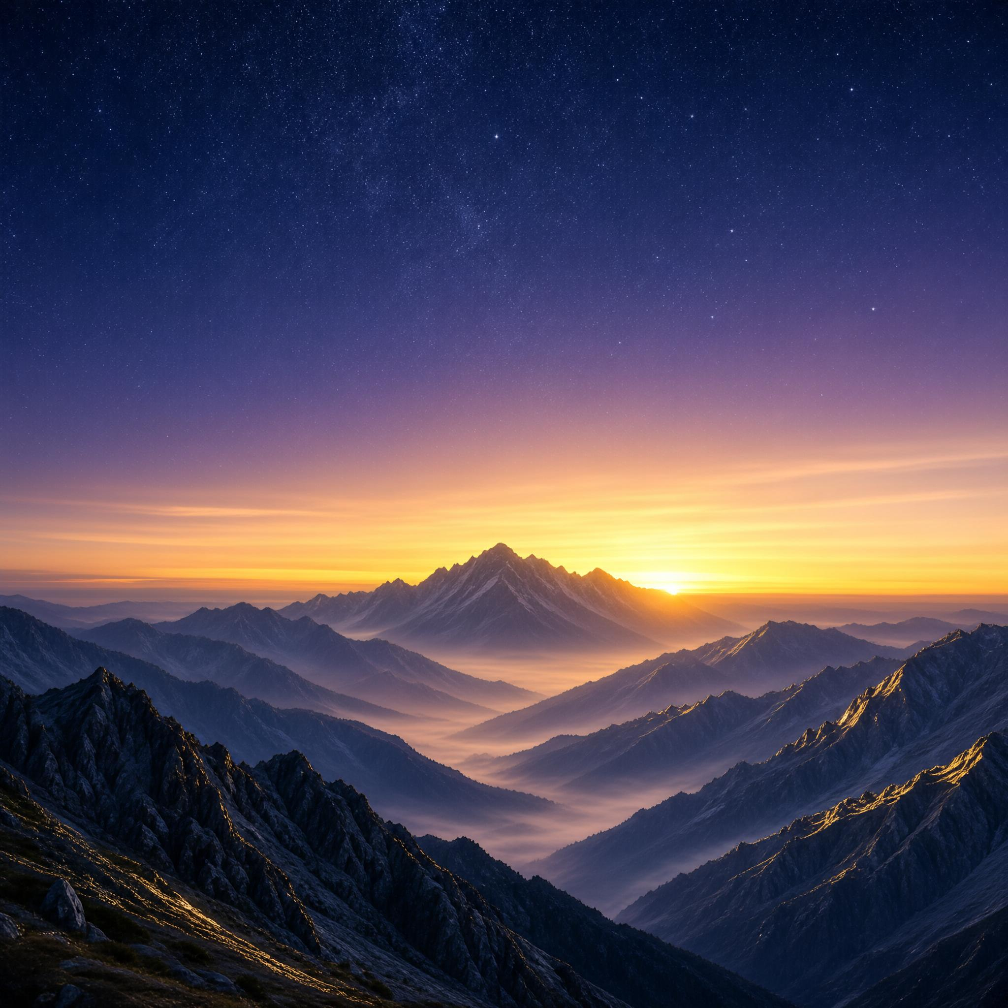 Mountain Sunrise under Starry Sky
