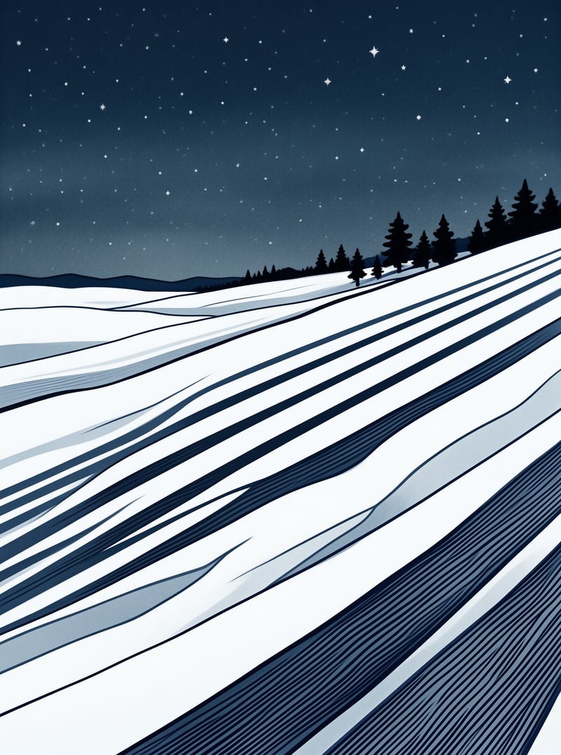 Wind-swept snowfield with carved patterns beneath starry night sky and silhouetted coniferous trees on a hillside