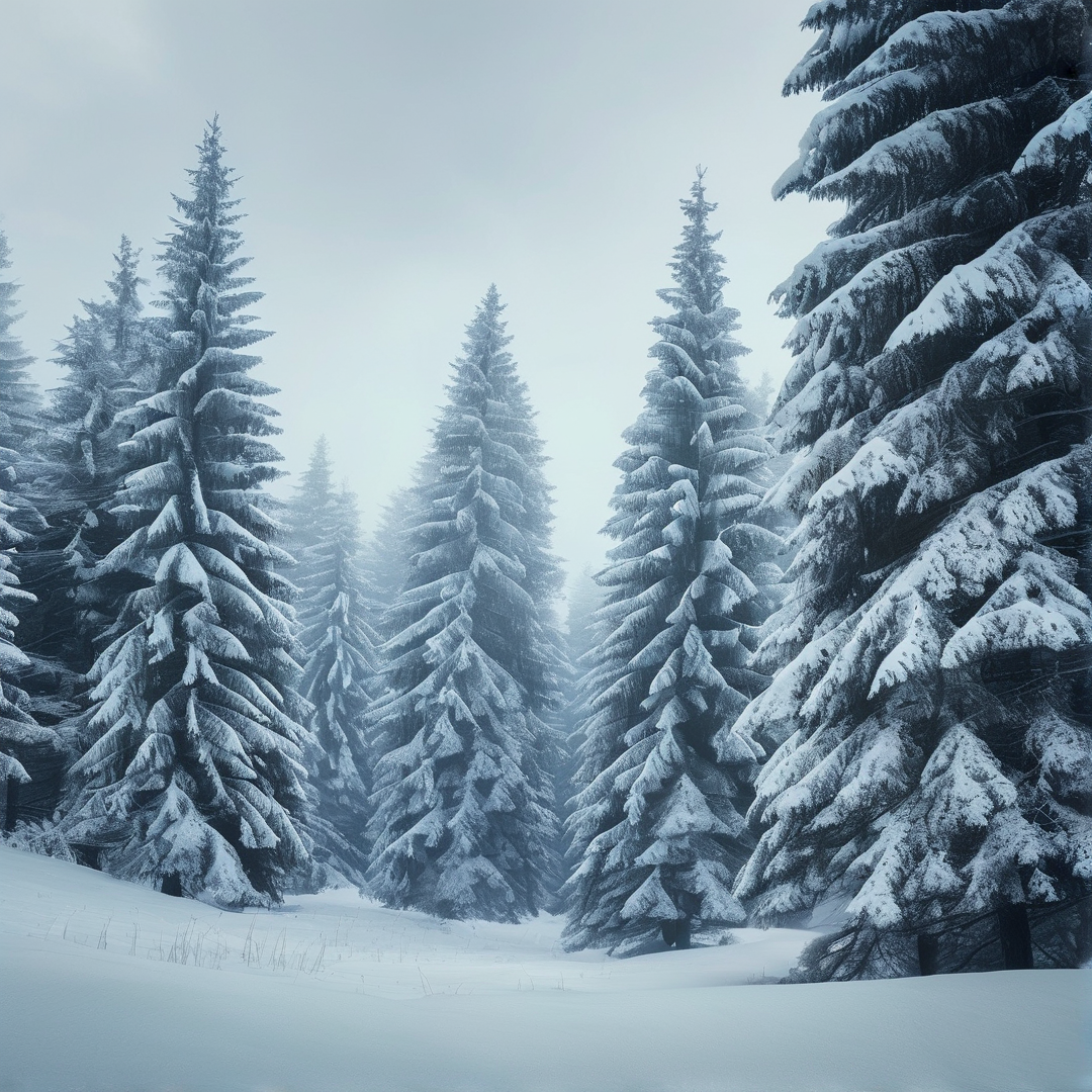 Snowy Misty Conifer Forest