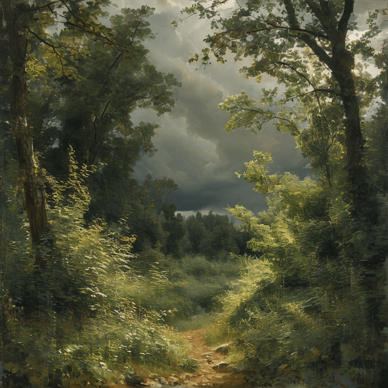 Forest Path and Dramatic Sky