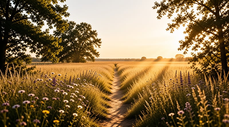 Sunlit Path in Flower Field