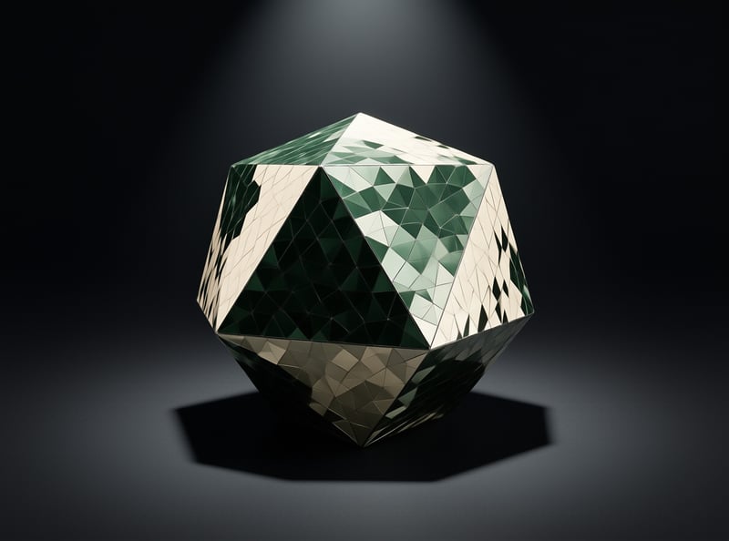 A low poly geometric sphere covered in triangular facets of deep green and cream, lit by a single overhead light.