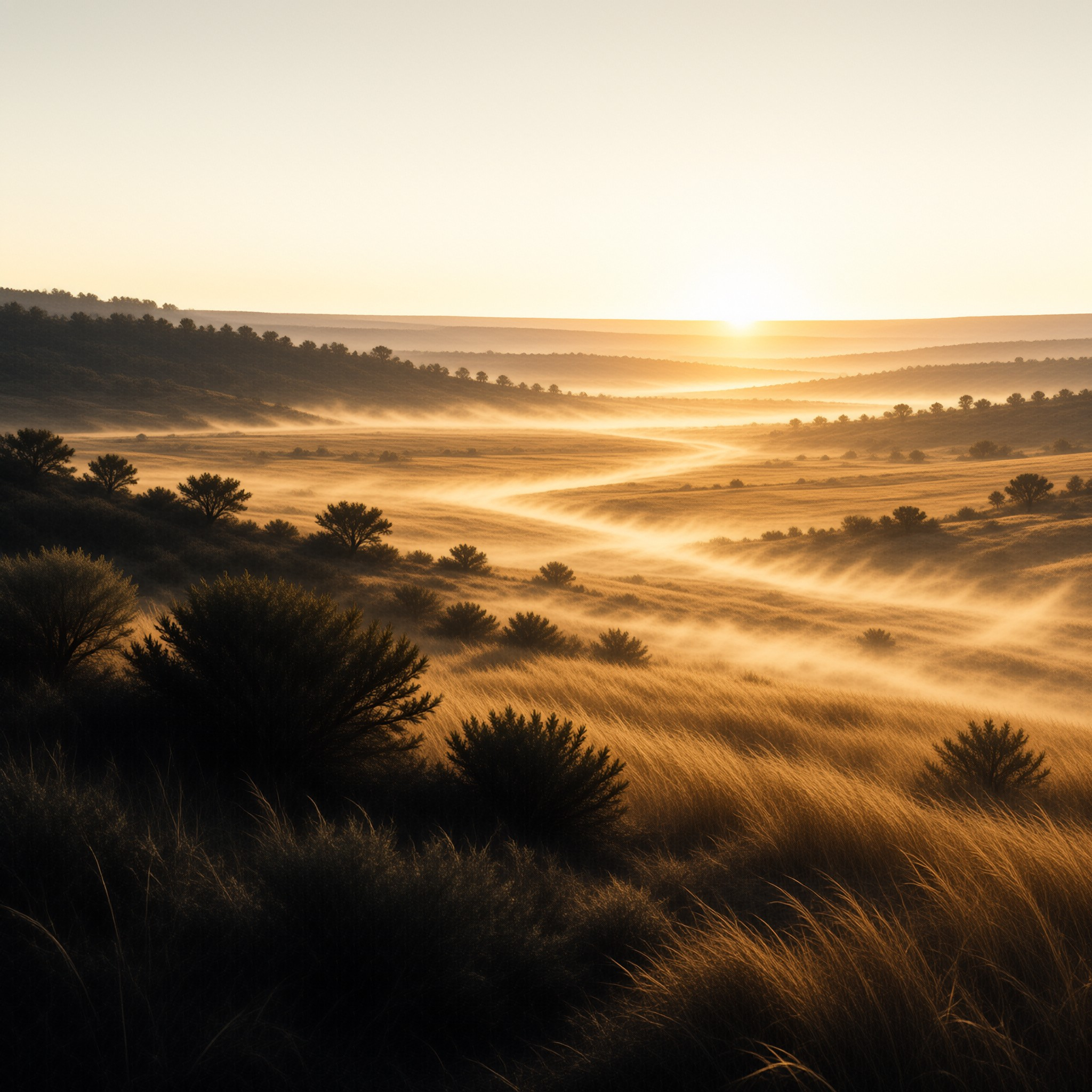 Rolling savanna hills covered in tall grass and scattered trees with low fog diffusing warm orange sunlight across the valley.