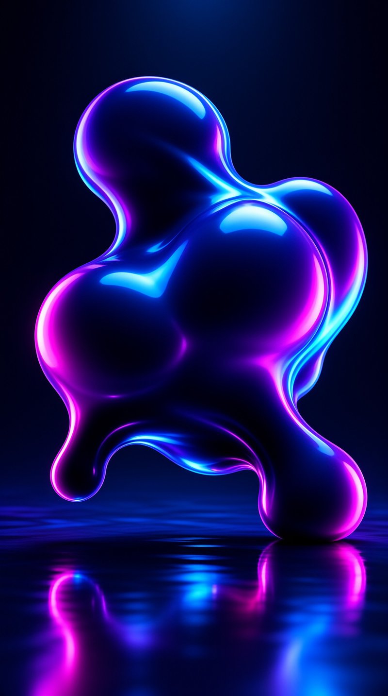 Glossy amorphous shape glows with blue and magenta light while standing on a dark reflective surface mirroring its colors.
