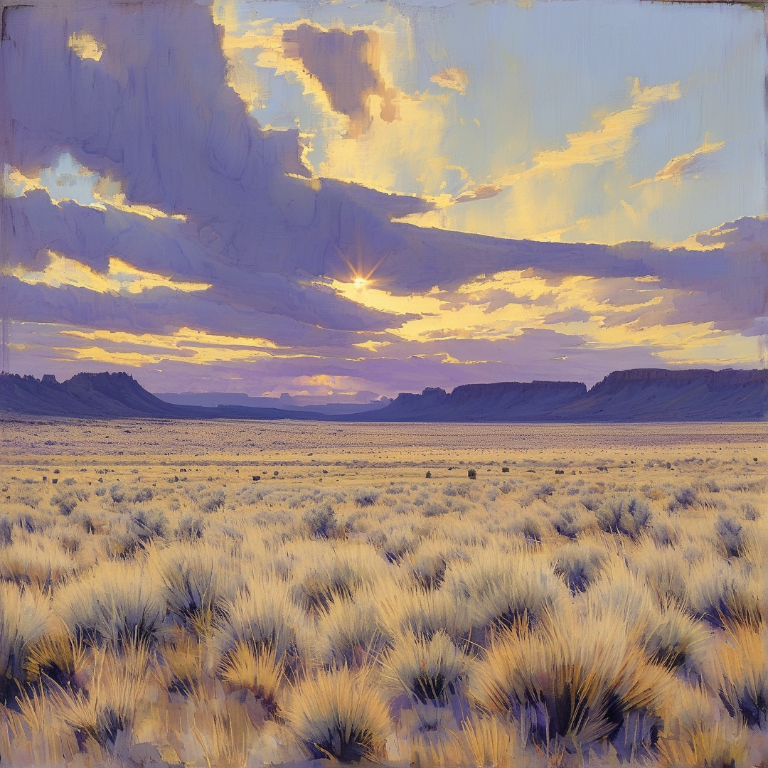 Vast plains of pale grass stretch toward distant mesas beneath purple sky with a bright sun shining through yellow clouds.