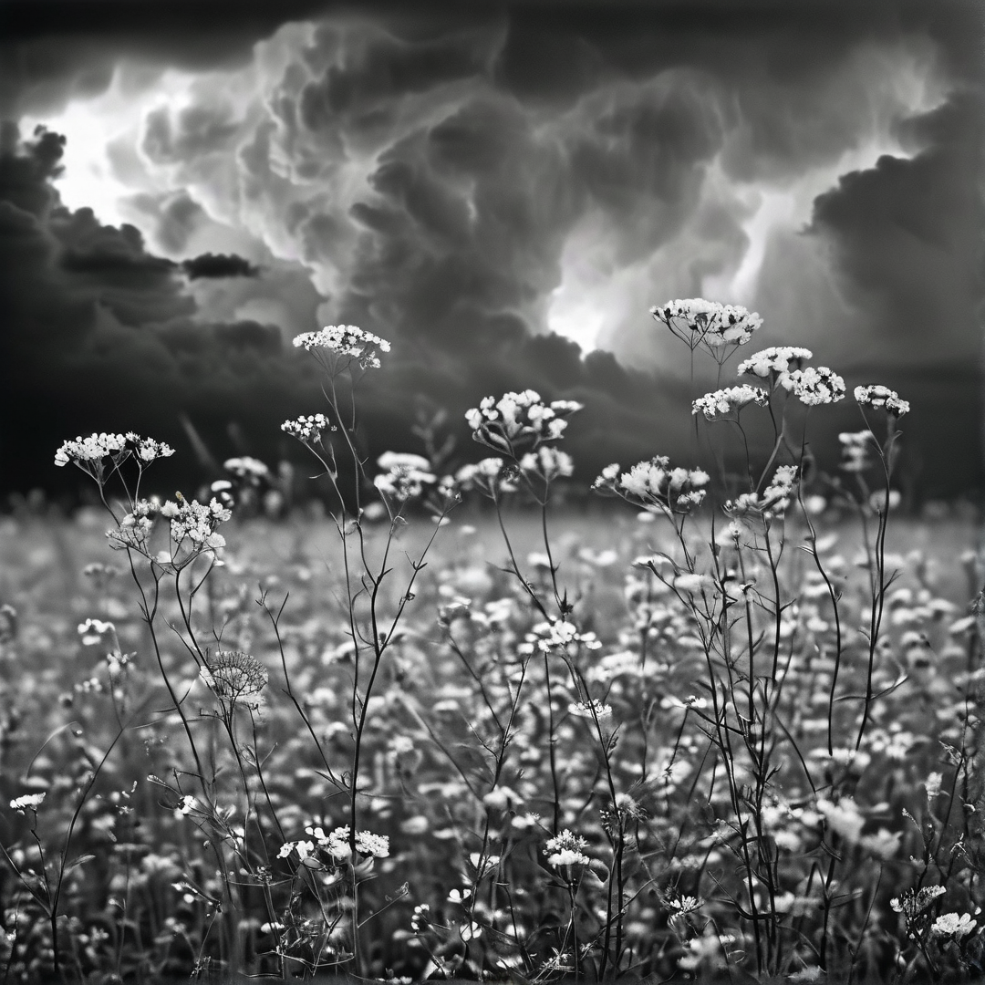 Small white flowers sway in a field beneath a sky filled with heavy storm clouds.