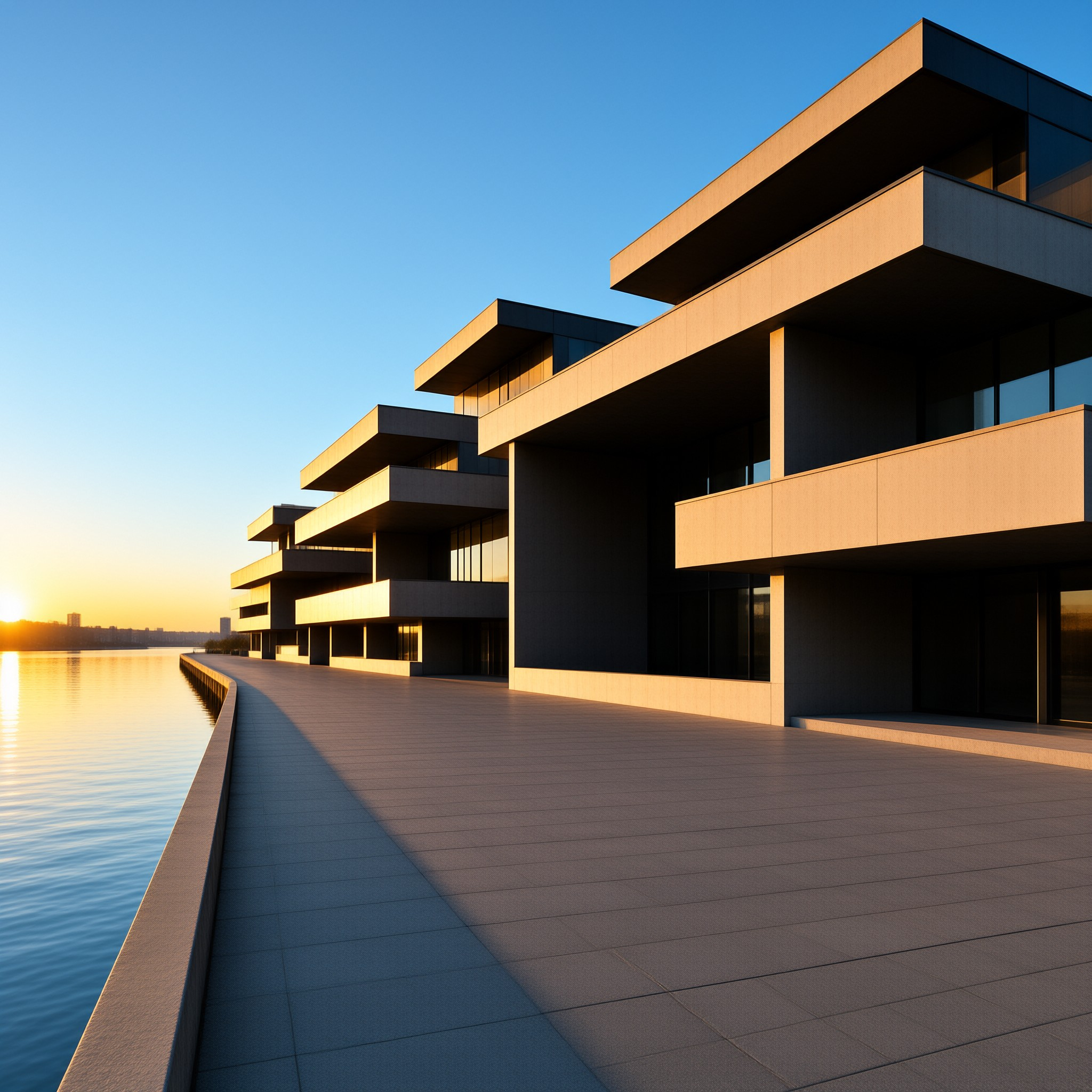 Stepped concrete balconies project over an empty waterfront promenade as the low sun gilds the calm river.