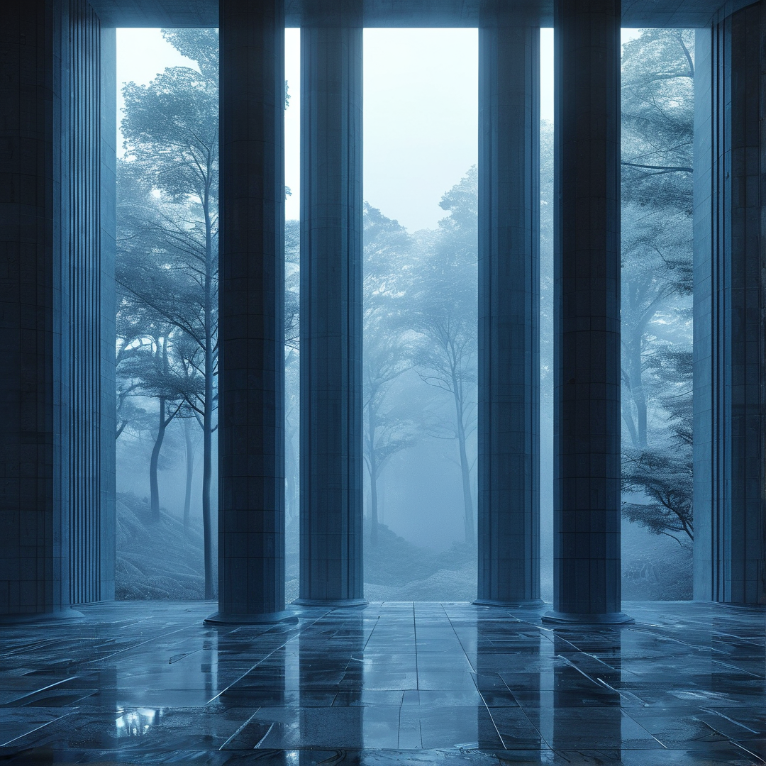 Misty Forest Through Columns