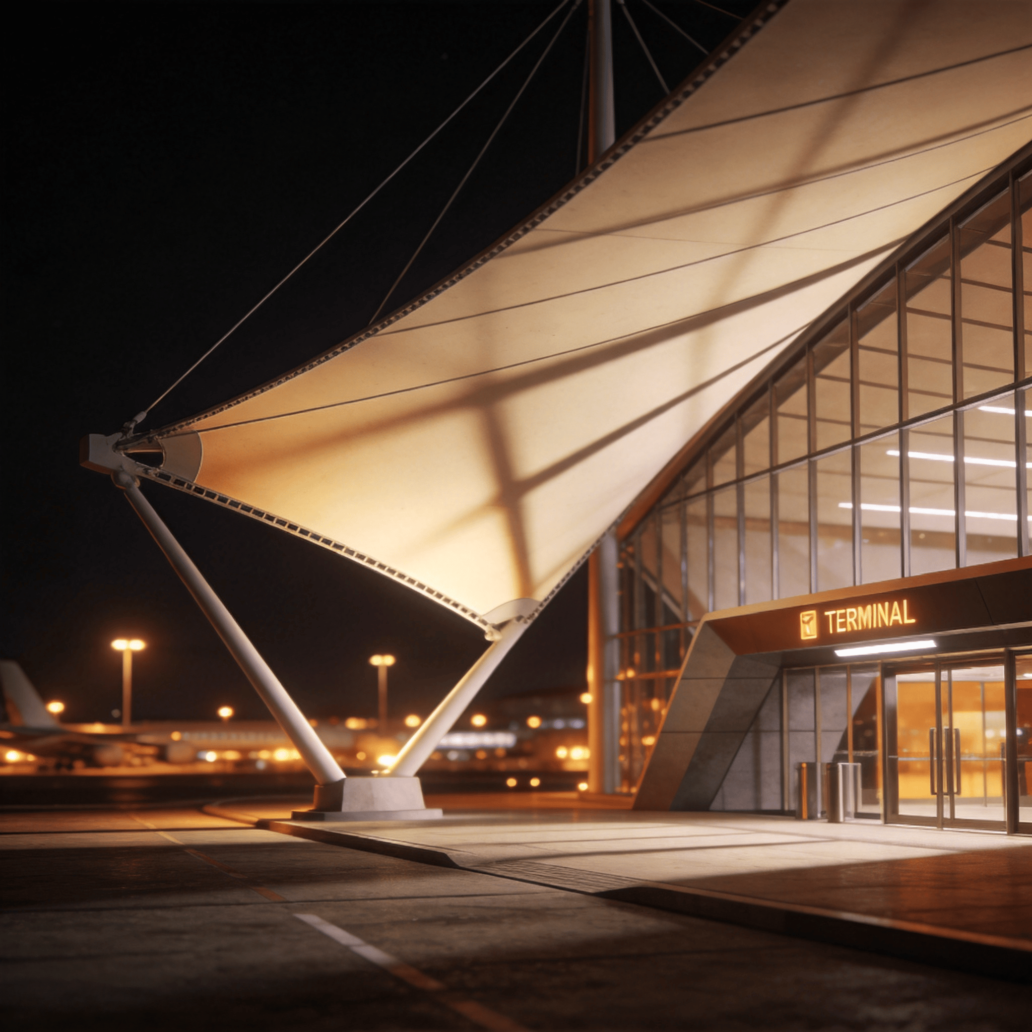 Terminal with Tensile Structure — Night With Warm Lights