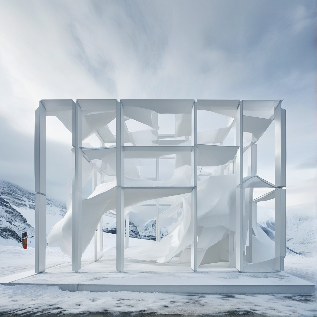 White angular frames and flowing forms define a structure on a snowy platform with mountains behind under a cloudy sky