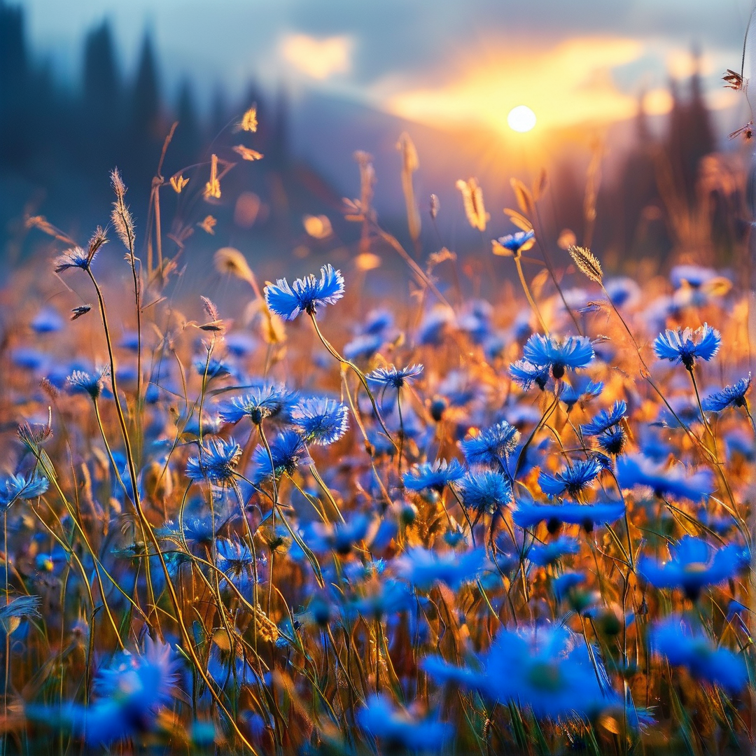 Blue Flowers at Sunset