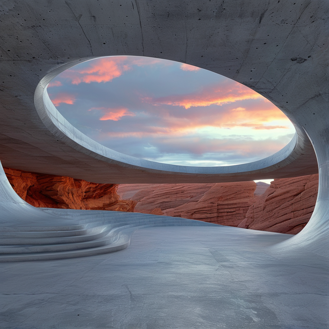 A circular concrete opening frames a colorful sunset sky above red rock canyon walls and curved interior steps.