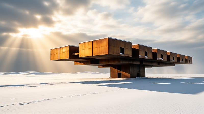 A rust-colored cantilevered building stands alone on a vast snowy expanse illuminated by sunlight piercing the clouds.