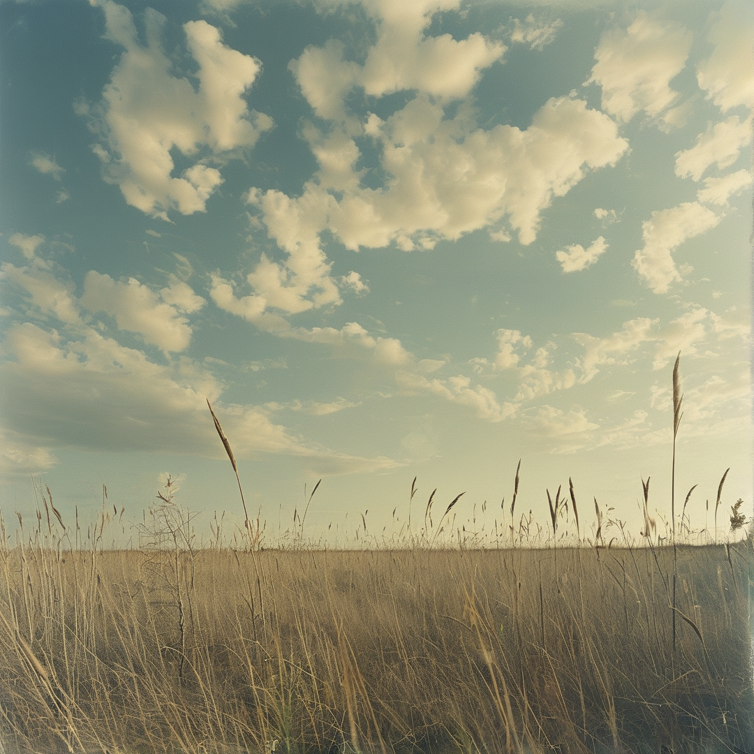 Dry prairie grass fills the lower frame against a pale teal sky dotted with warm glowing soft scattered clouds at golden hour.