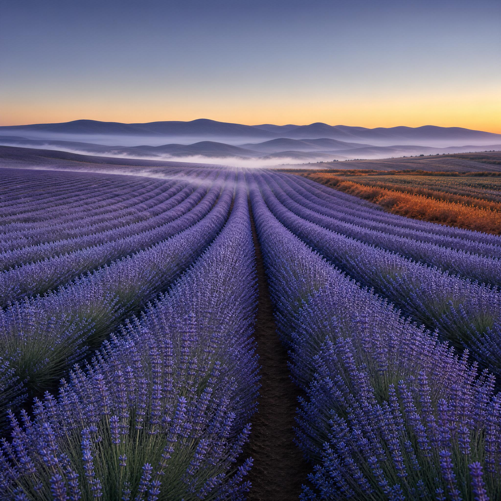 Lavender Field at Sunrise with Mist