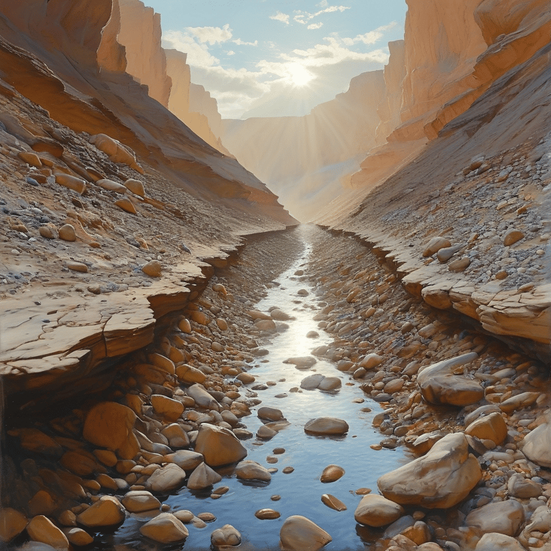 A narrow shallow stream cuts through a rocky sandstone canyon as bright morning sunbeams stream in over the distant peaks.