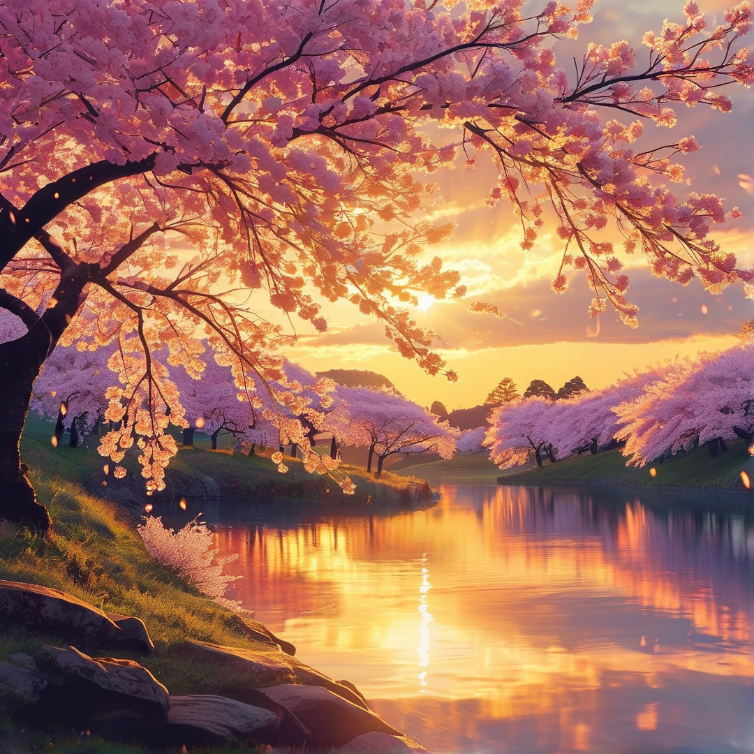 Golden Sakura River Sunset