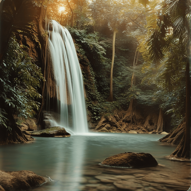 A silky white waterfall pours into a calm emerald pool surrounded by dense green foliage and beams of warm golden sunlight.