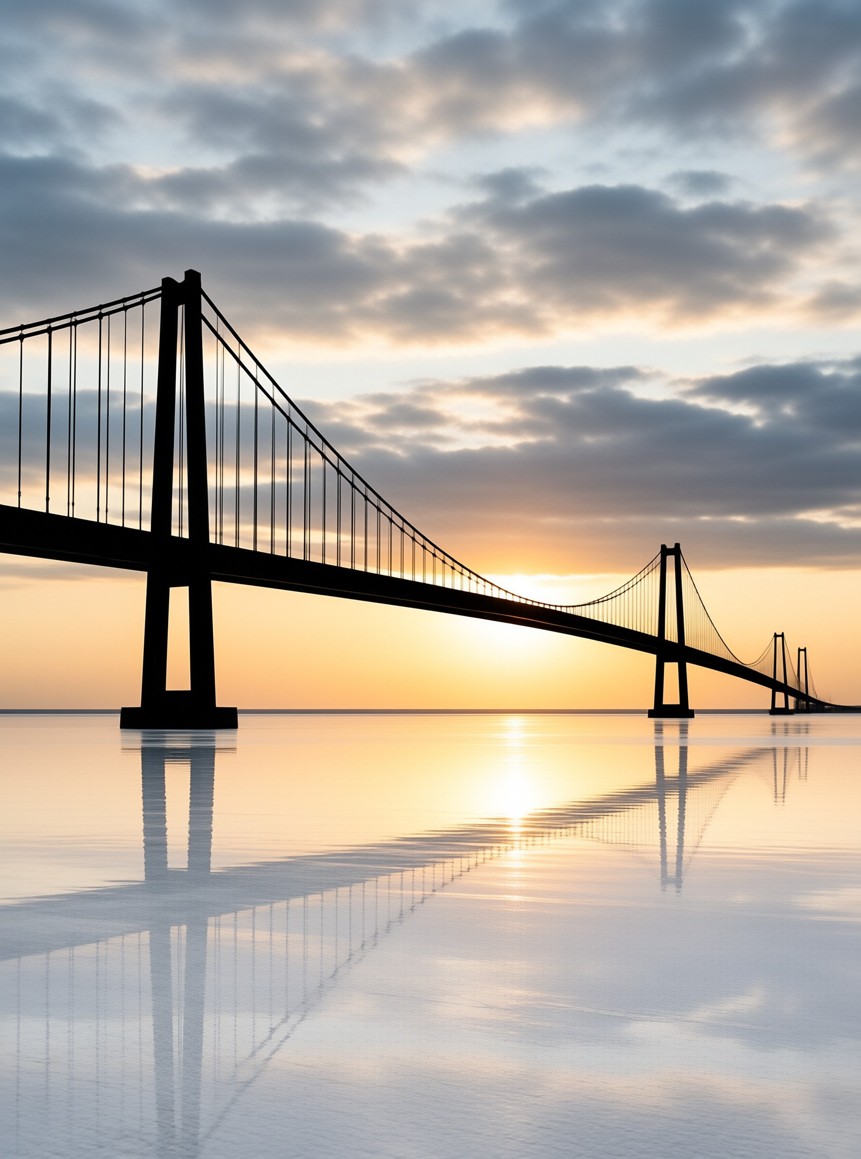 Silhouetted suspension bridge spanning calm reflective water under a cloudy sunset sky with golden horizon light.