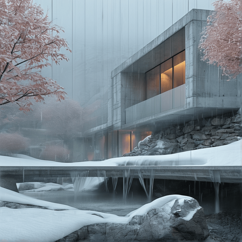 Modern concrete structure rises above a snow-covered stream with pink trees swaying in the misty atmosphere.