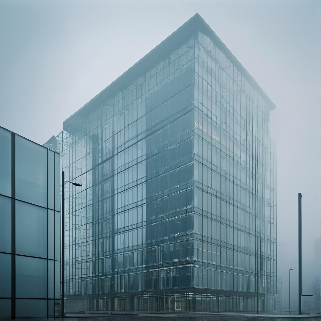 Modern Glass Building in Fog