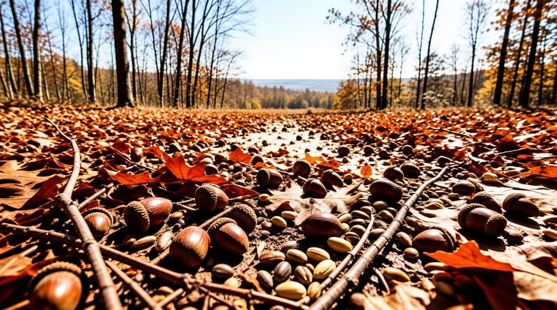 Hazelnuts and acorns rest on a thick layer of orange autumn leaves under bright sunlight in a woodland clearing.