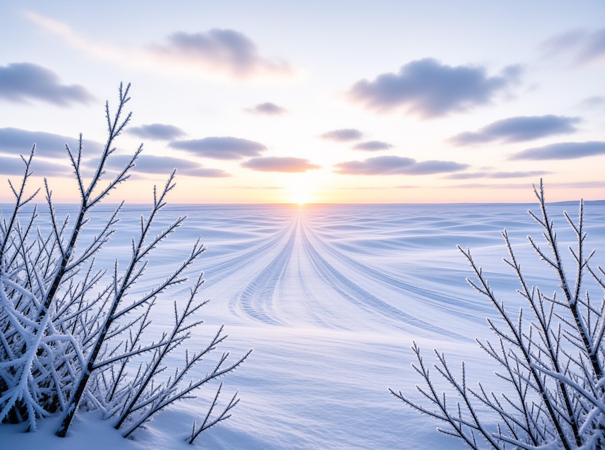 A vast frozen plain features winding tracks leading toward a bright low sun on the horizon framed by snowy shrubs.