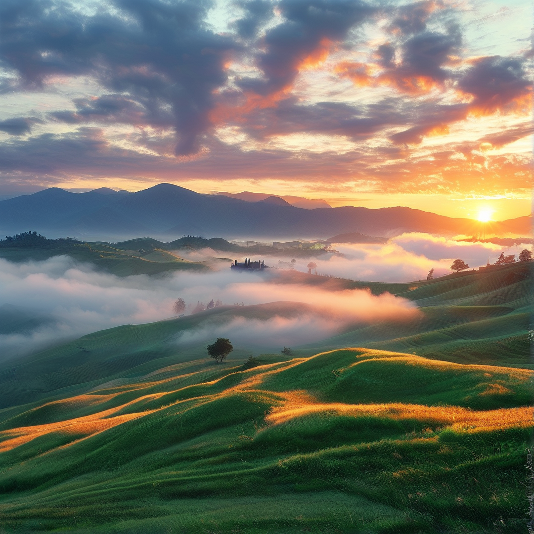 Sunset Over Misty Green Hills