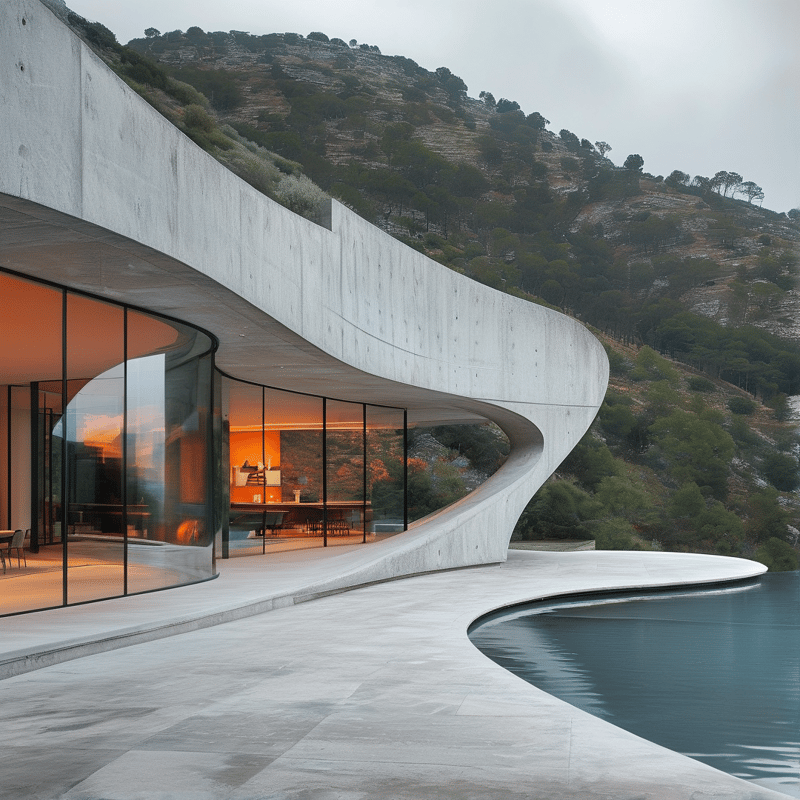 A curved concrete building with glass windows glows with warm light next to a pool against a forested hillside.