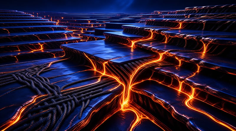 Dark glossy steps ascending with bright orange glowing cracks resembling molten lava under deep blue ambient light.