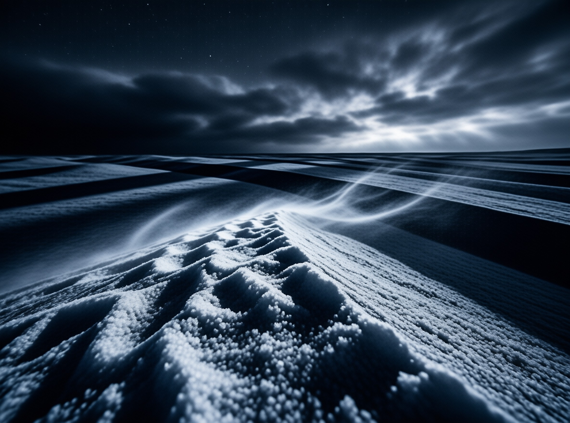 A textured snow ridge stretches across a vast desolate plain under a dark cloudy sky with ethereal light trails curving along the landscape edges