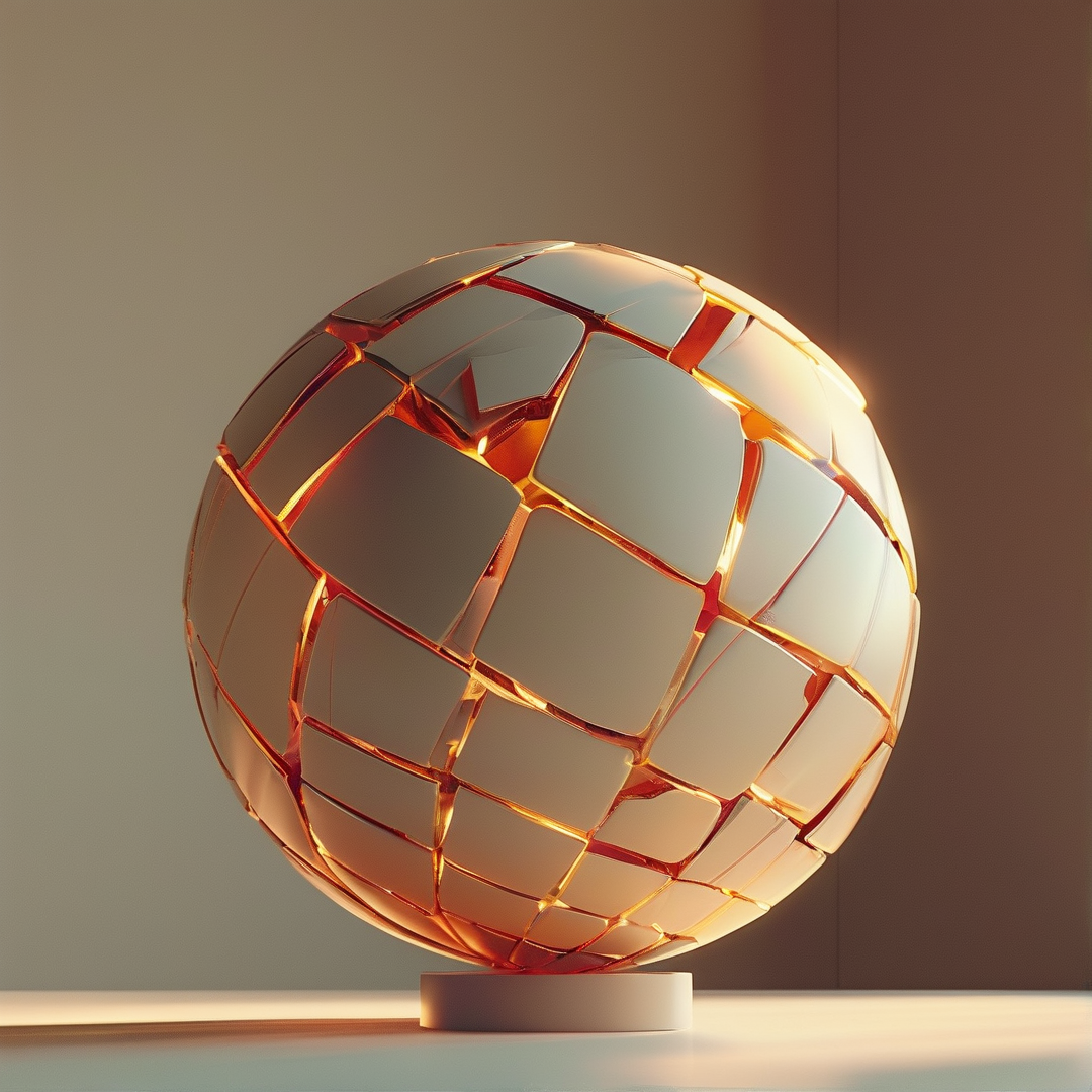 A reflective sphere with an uneven golden grid pattern rests on a low white base beside a plain wall, catching warm directional light across its surface.