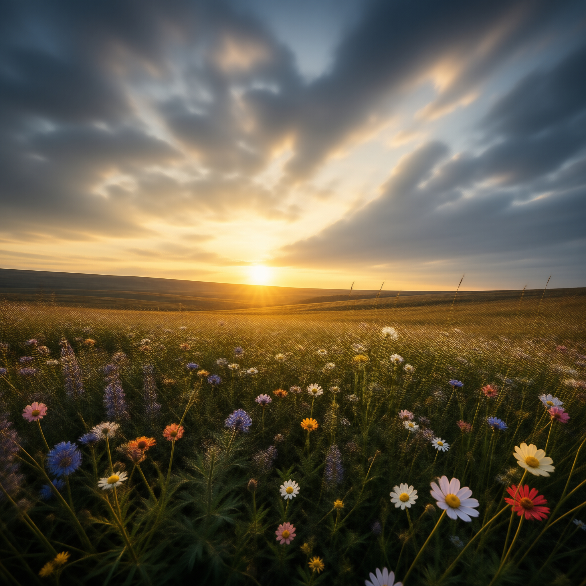 Sunset over wildflower field