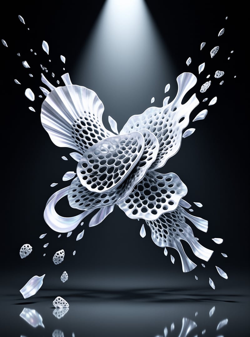 A white butterfly sculpture with perforated wings floats above a reflective black surface under a top spotlight.