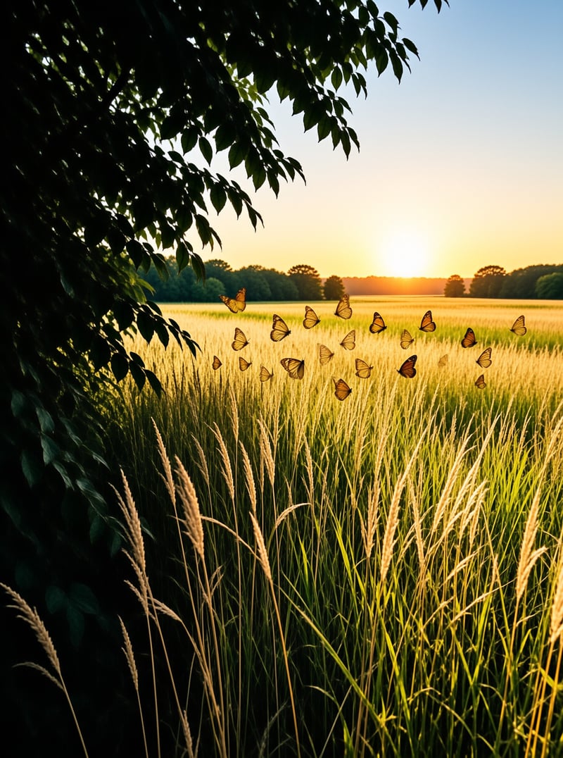 A swarm of orange butterflies hovers above tall green grasses in a field illuminated by warm sunset light behind trees.