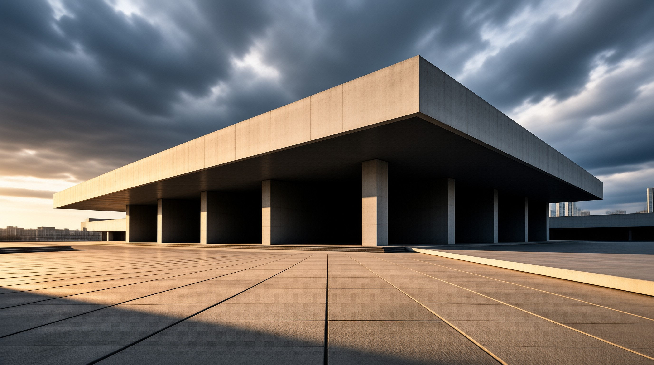 Concrete Pavilion in a Storm-lit Plaza