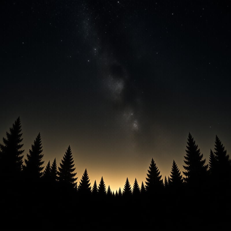Dark evergreen trees frame a starry night sky where the Milky Way arches above a glowing orange horizon line.