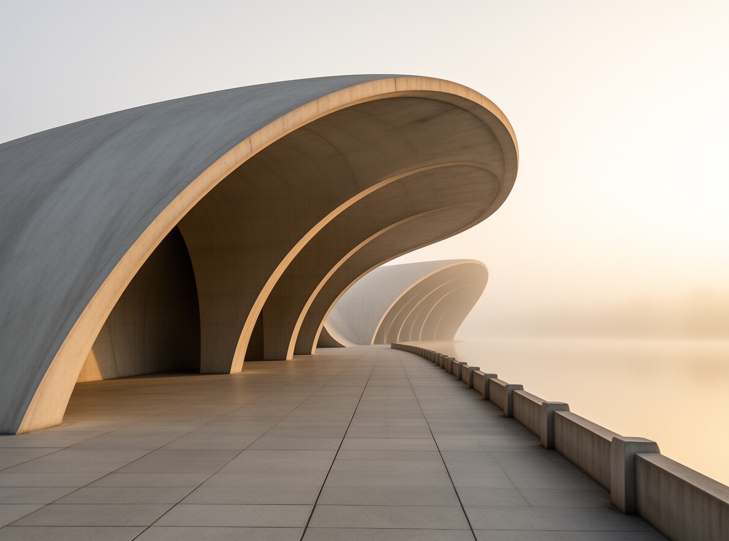 A series of smooth concrete arches curves along a tiled walkway next to calm water obscured by morning mist.