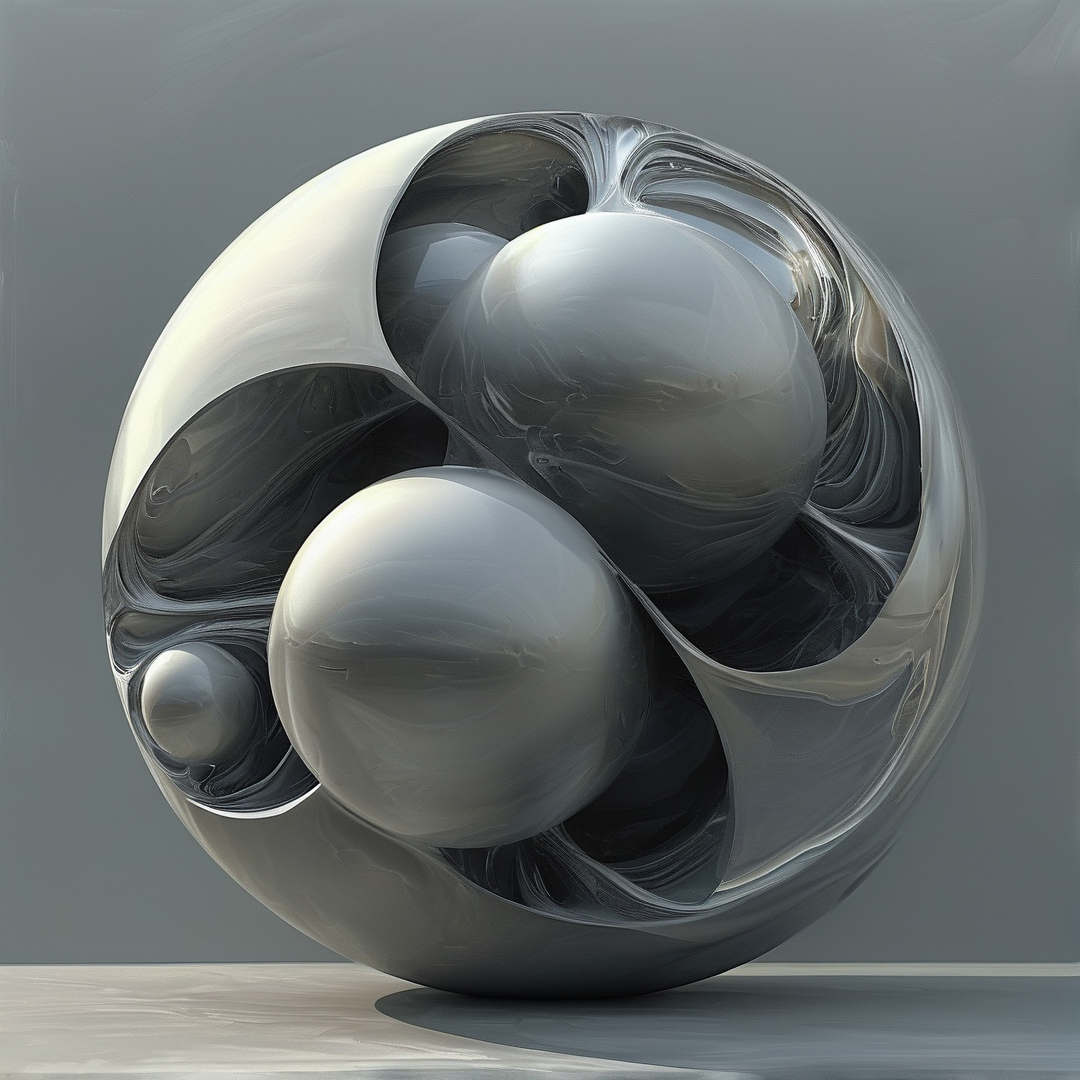 A reflective silver sphere rests on a grey surface, enclosing smaller floating orbs within its complex metallic interior.