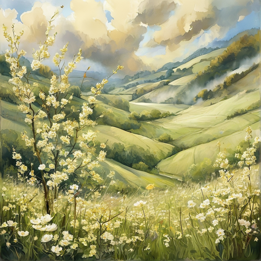 Sunlit white flowers grow in the foreground of a green valley where soft clouds hover over distant rolling hills.