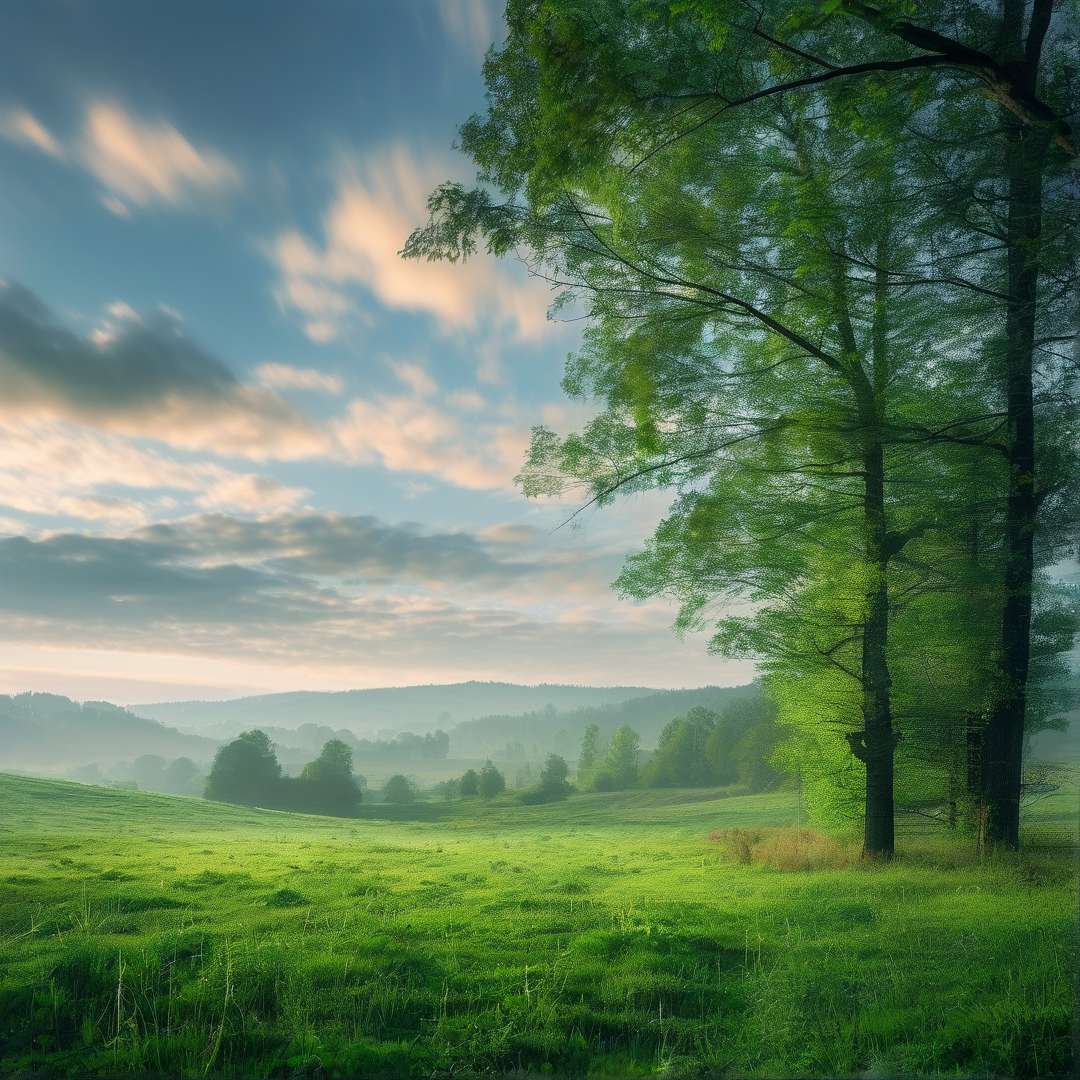 Lush green grass covers rolling hills that fade into morning mist with tall trees framing the right side.