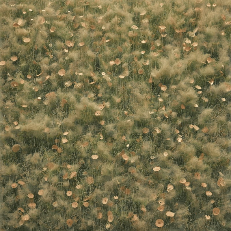 A soft painterly overhead view of a windswept meadow filled with fine grasses and tiny round tan seed pods