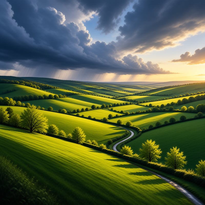 Curved pathway snakes across lush meadows under stormy skies with golden light beams cutting through rain