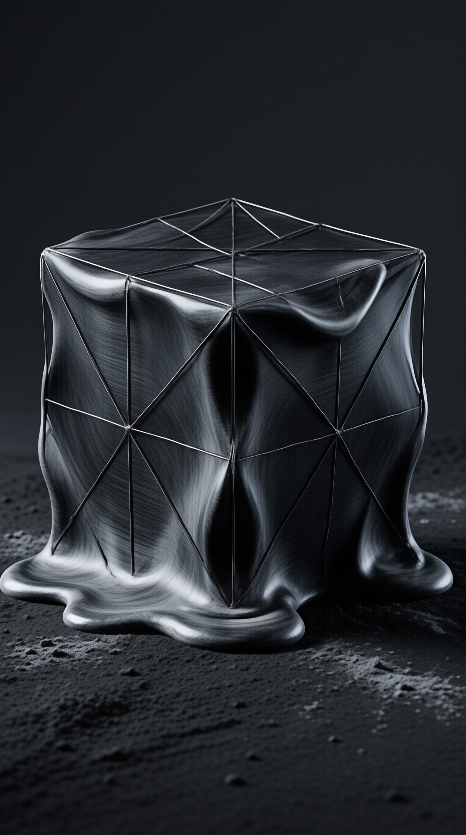 A glossy black cube melts into soft folds over a wireframe grid, resting on a bed of dark sand.