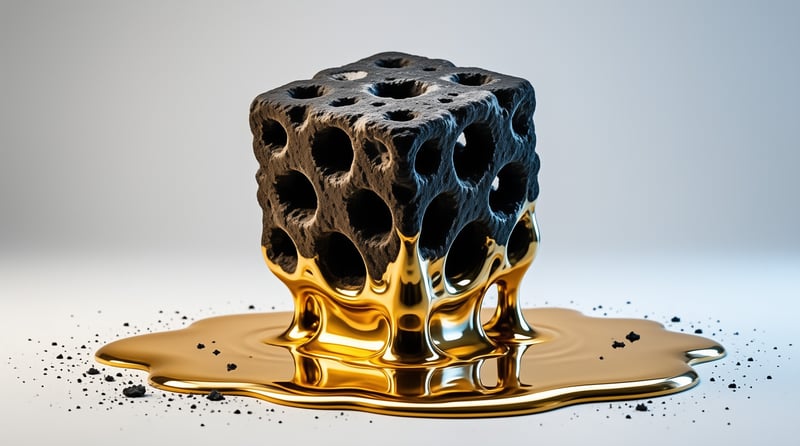 A dark porous rock structure dissolves into a shiny pool of golden liquid on a white surface with scattered debris.